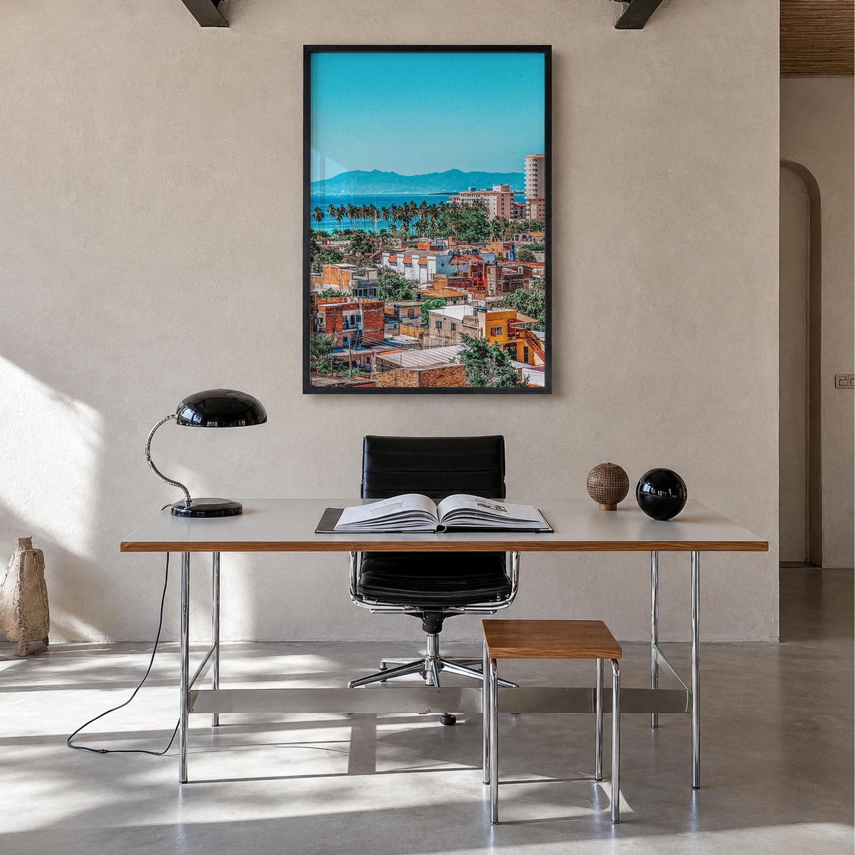 Puerto Vallarta colorful photo poster of Mexico – vertical wall art in black wood frame, hanging on wall