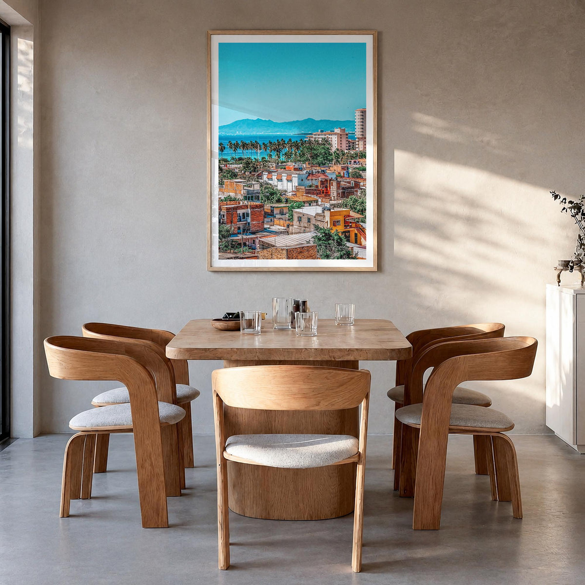 Puerto Vallarta colorful photo poster of Mexico – vertical wall art in natural wood frame with white border, hanging on wall