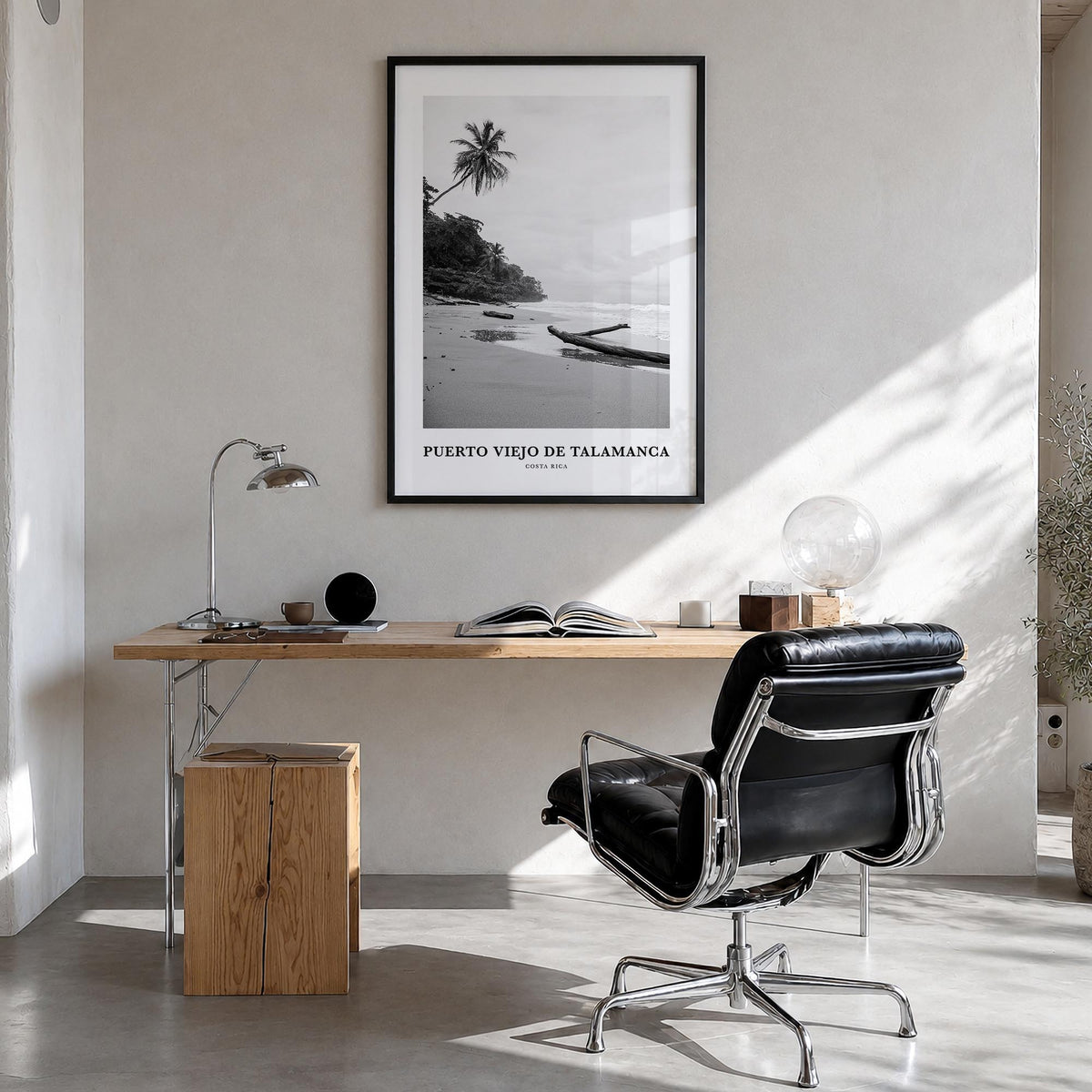 Puerto Viejo de Talamanca black & white classic poster of Costa Rica – vertical wall art in black wood frame, hanging on wall