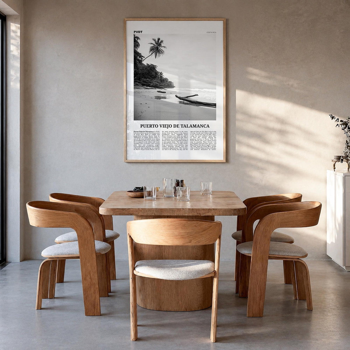 Puerto Viejo de Talamanca black & white newspaper poster of Costa Rica – vertical wall art in natural wood frame, hanging on