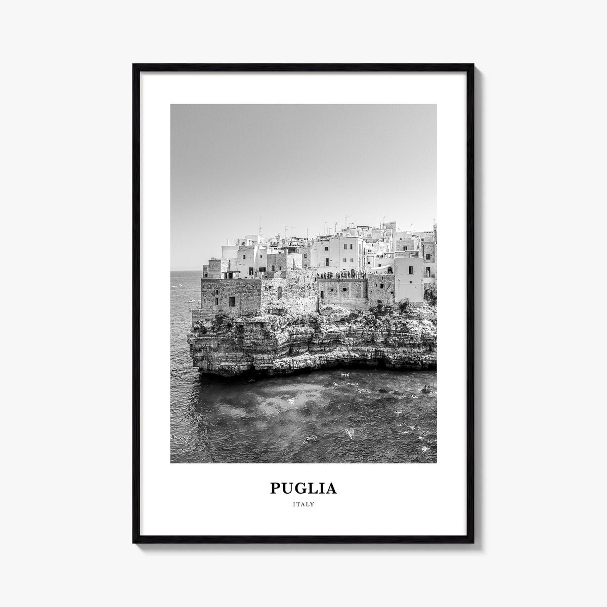 Puglia black & white classic poster of Italy – vertical wall art, unframed print shown in interior mockup