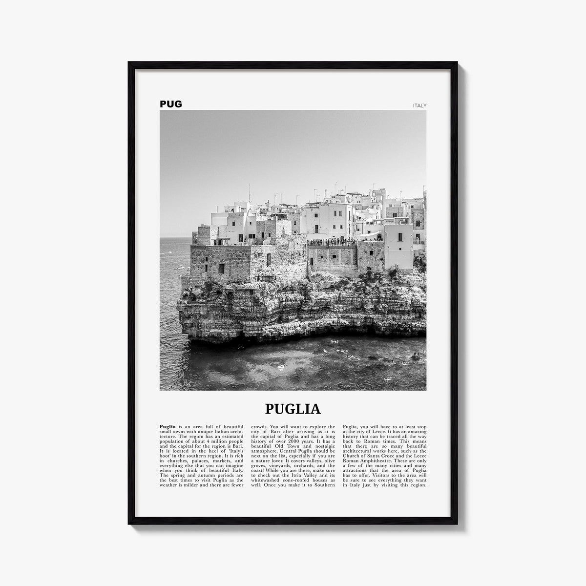 Puglia no. 2 black & white newspaper poster of Italy – vertical wall art, unframed print shown in interior mockup