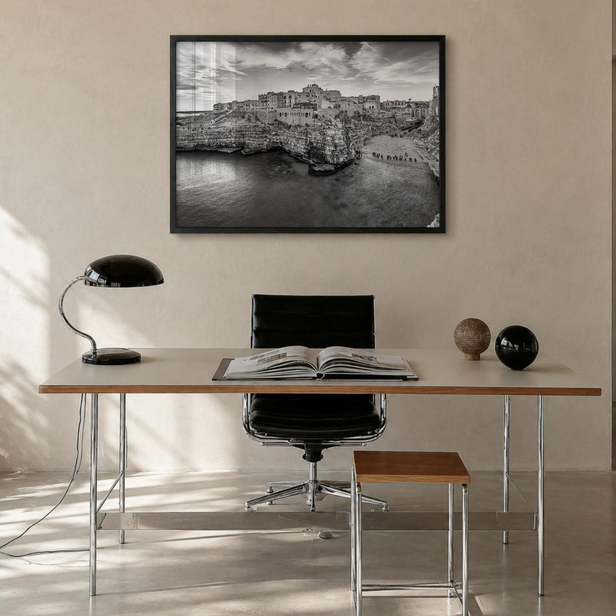 Puglia black & white photo poster of Italy – horizontal wall art in black wood frame, hanging on wall