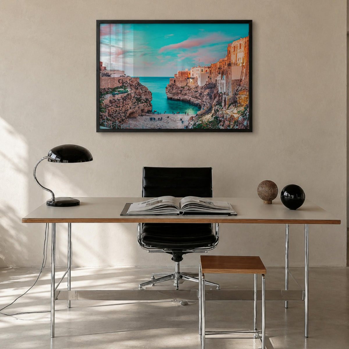 Puglia colorful photo poster of Italy – horizontal wall art in black wood frame, hanging on wall