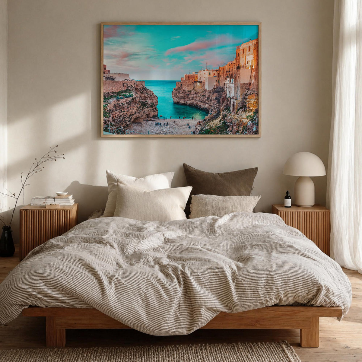 Puglia colorful photo poster of Italy – horizontal wall art in natural wood frame, hanging on wall