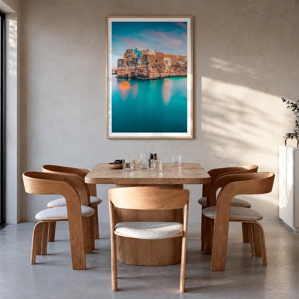 Puglia no. 1 colorful photo poster of Italy – vertical wall art in natural wood frame with white border, hanging on wall