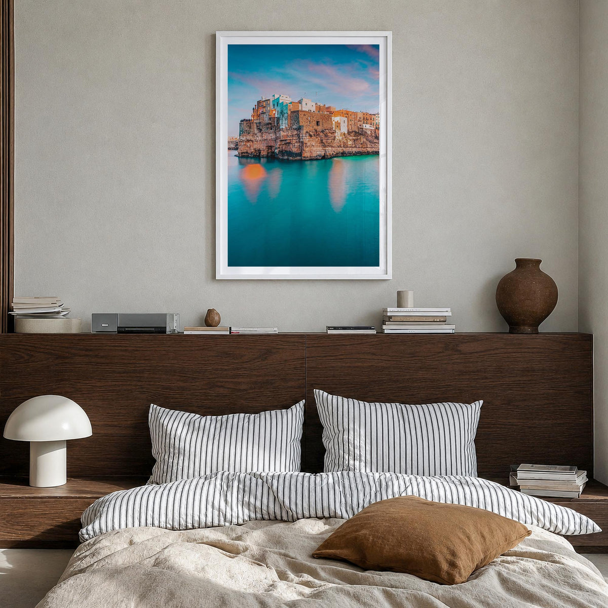 Puglia no. 1 colorful photo poster of Italy – vertical wall art in white wood frame with white border, hanging on wall