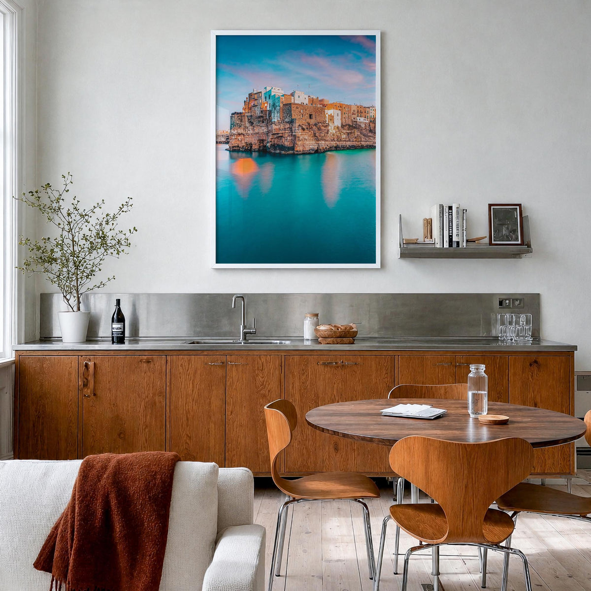 Puglia no. 1 colorful photo poster of Italy – vertical wall art in white wood frame, hanging on wall