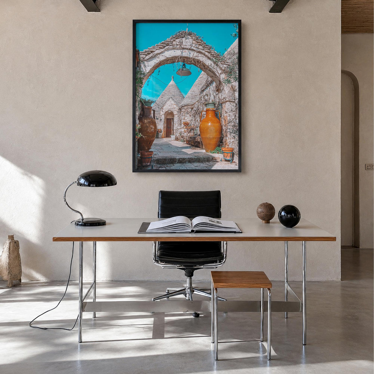 Puglia no. 2 colorful photo poster of Italy – vertical wall art in black wood frame, hanging on wall