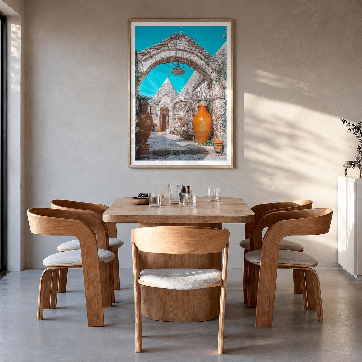 Puglia no. 2 colorful photo poster of Italy – vertical wall art in natural wood frame with white border, hanging on wall
