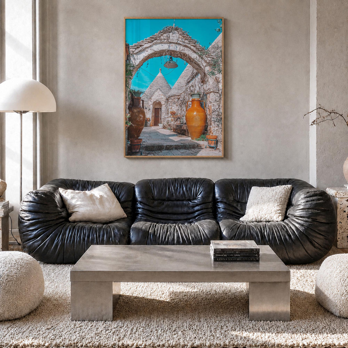 Puglia no. 2 colorful photo poster of Italy – vertical wall art in natural wood frame, hanging on wall