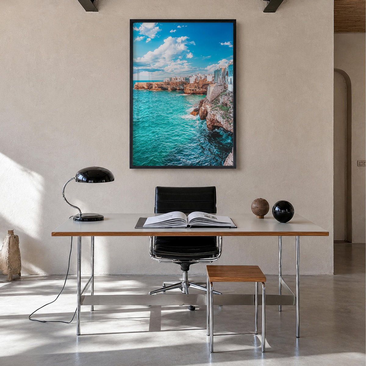 Puglia no. 3 colorful photo poster of Italy – vertical wall art in black wood frame, hanging on wall