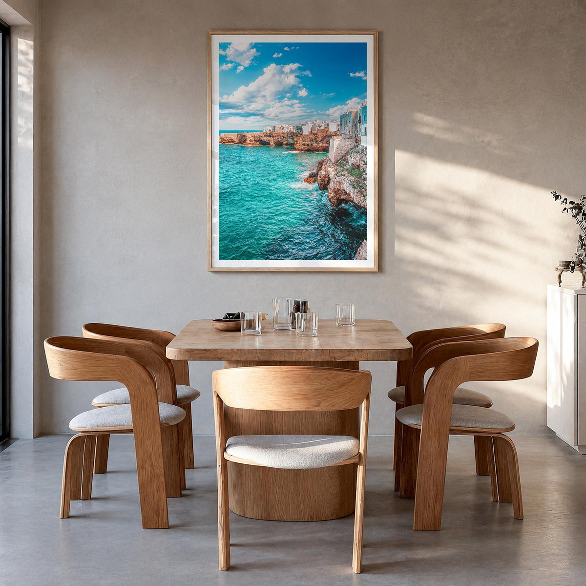 Puglia no. 3 colorful photo poster of Italy – vertical wall art in natural wood frame with white border, hanging on wall
