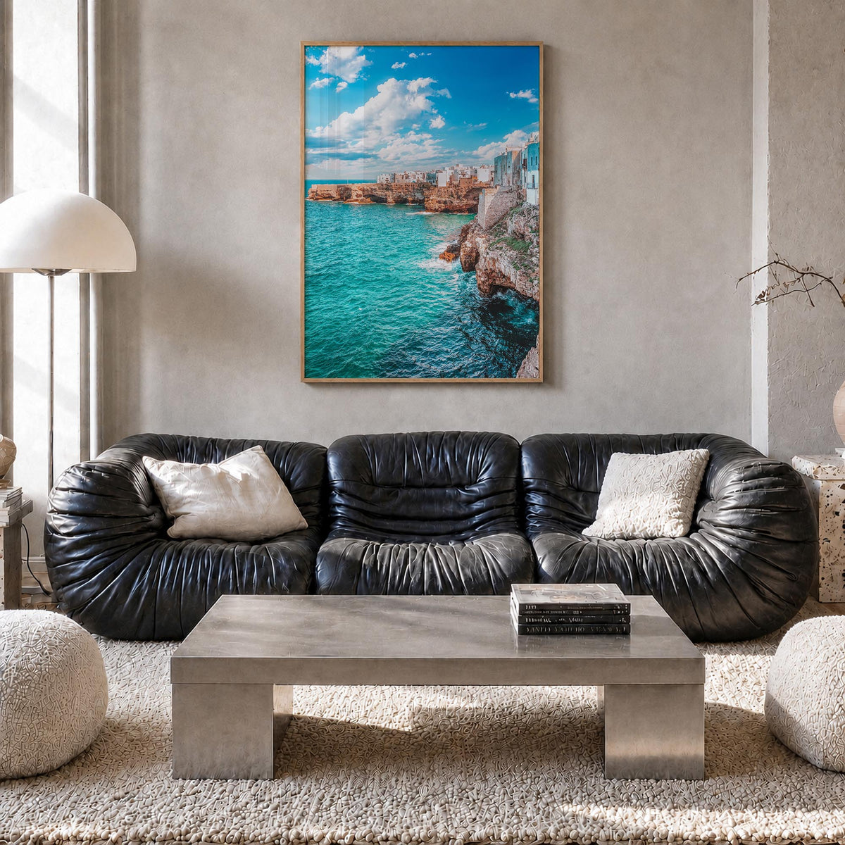 Puglia no. 3 colorful photo poster of Italy – vertical wall art in natural wood frame, hanging on wall
