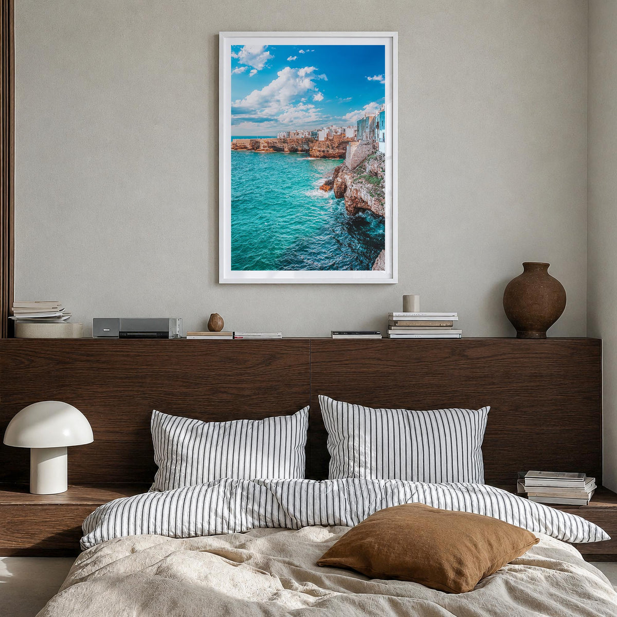 Puglia no. 3 colorful photo poster of Italy – vertical wall art in white wood frame with white border, hanging on wall