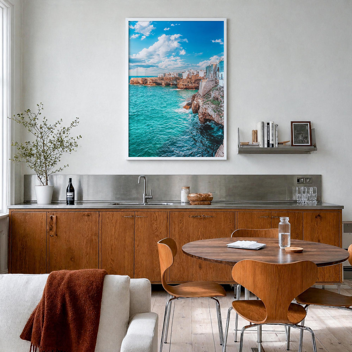 Puglia no. 3 colorful photo poster of Italy – vertical wall art in white wood frame, hanging on wall