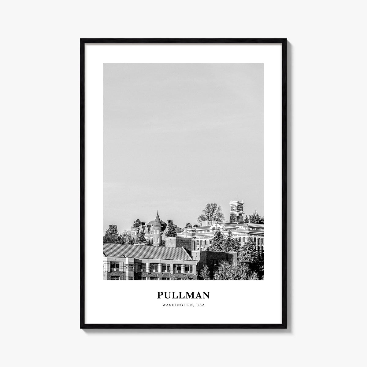 Pullman black & white classic poster of Washington, USA – vertical wall art, unframed print shown in interior mockup
