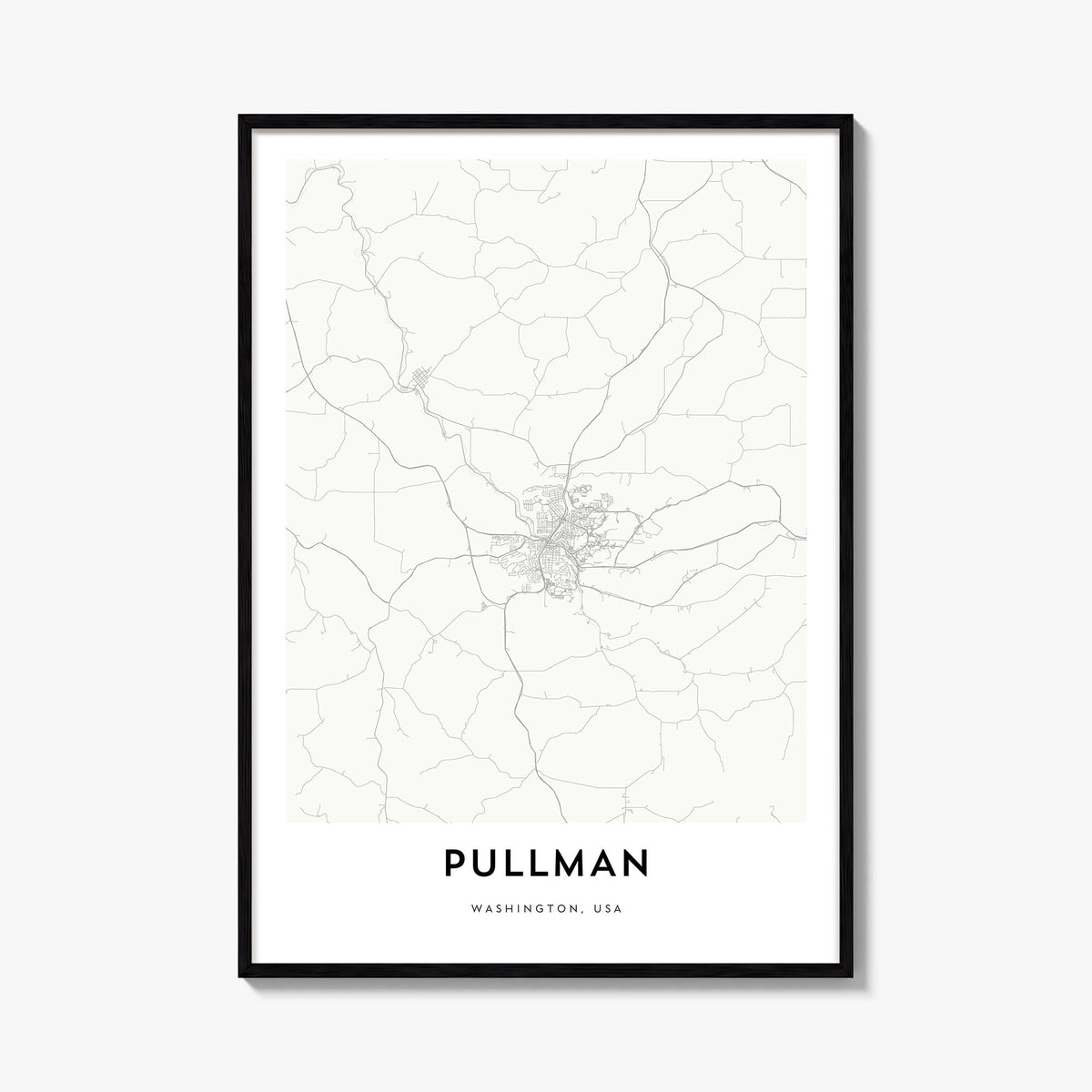 Pullman black & white map poster of Washington, USA – vertical wall art, unframed print shown in interior mockup