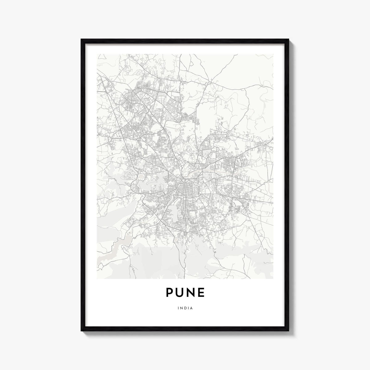 Pune black & white map poster of India – vertical wall art, unframed print shown in interior mockup