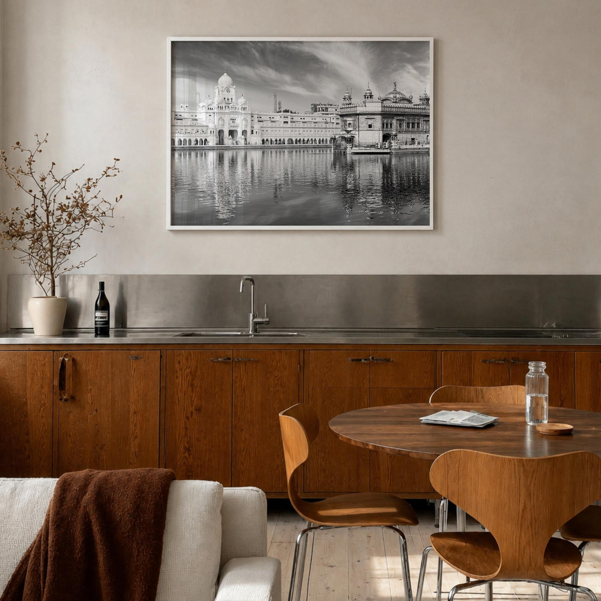 Punjab black & white photo poster of India – horizontal wall art in white wood frame, hanging on wall