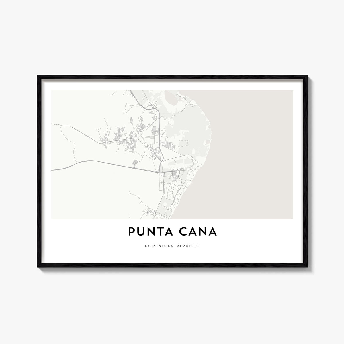 Punta Cana black & white map poster of Dominican Republic – horizontal wall art, unframed print shown in interior mockup