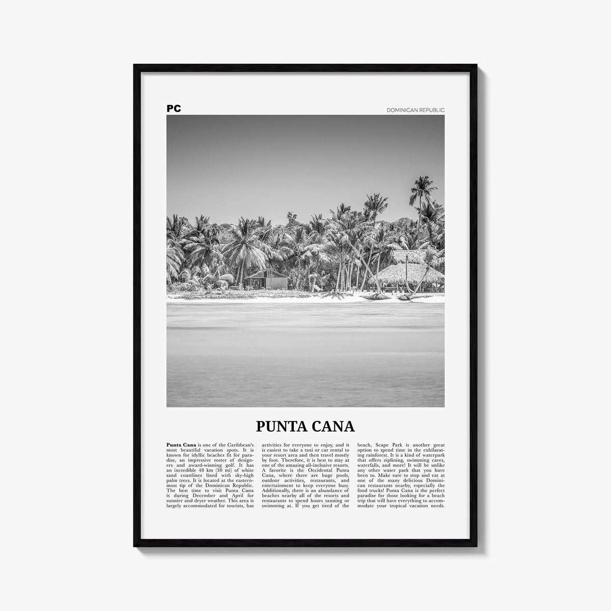 Punta Cana black & white newspaper poster of Dominican Republic – vertical wall art, unframed print shown in interior mockup