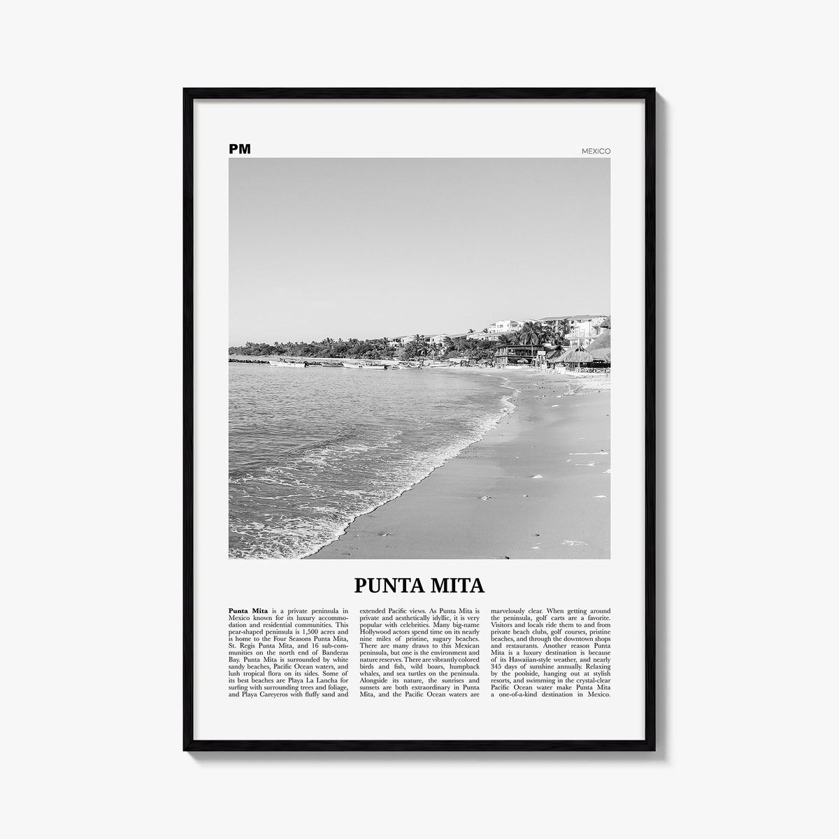 Punta Mita black & white newspaper poster of Mexico – vertical wall art, unframed print shown in interior mockup