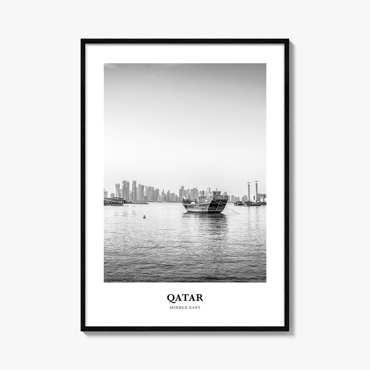 Qatar black & white classic poster of Middle East – vertical wall art, unframed print shown in interior mockup