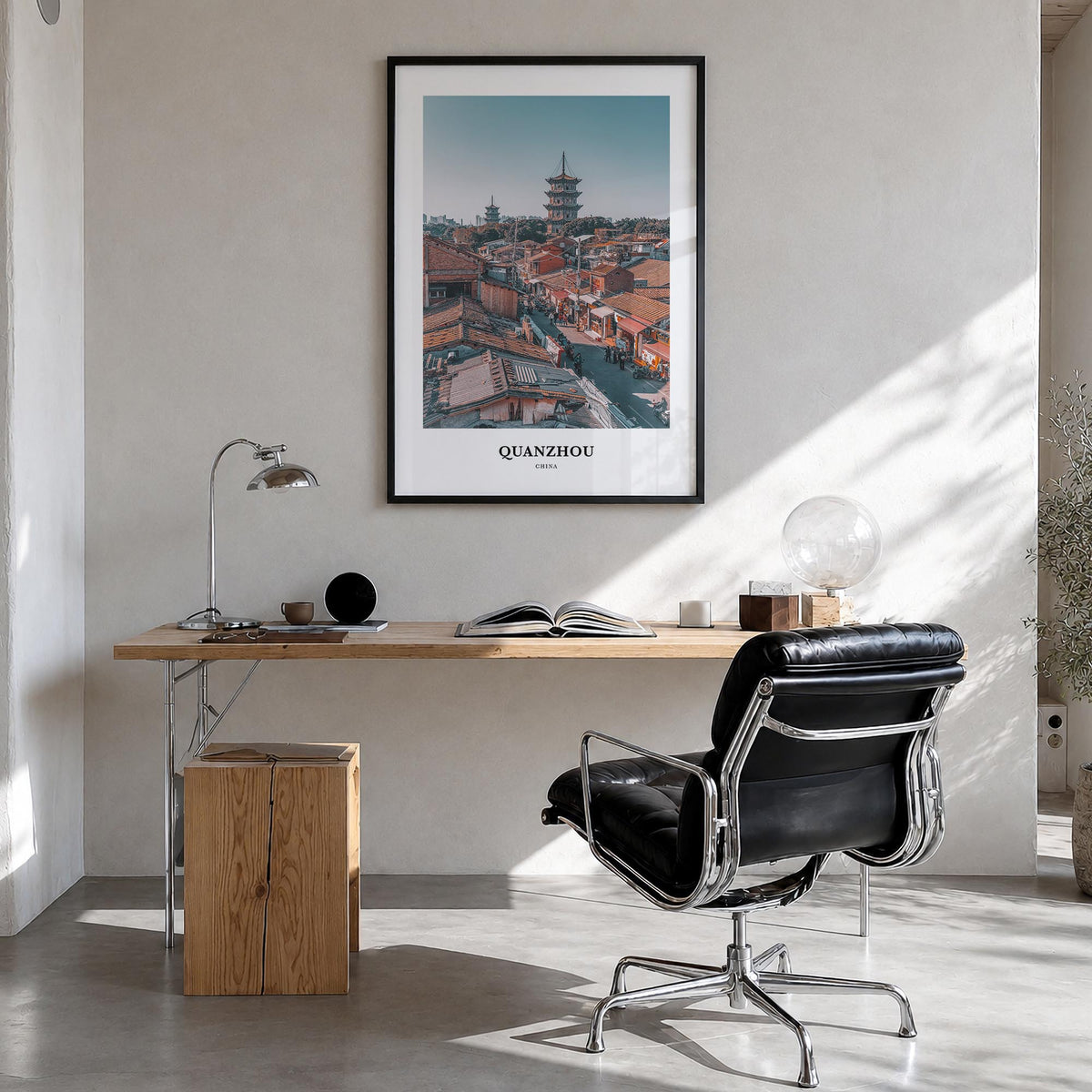 Quanzhou colorful classic poster of China – vertical wall art in black wood frame, hanging on wall