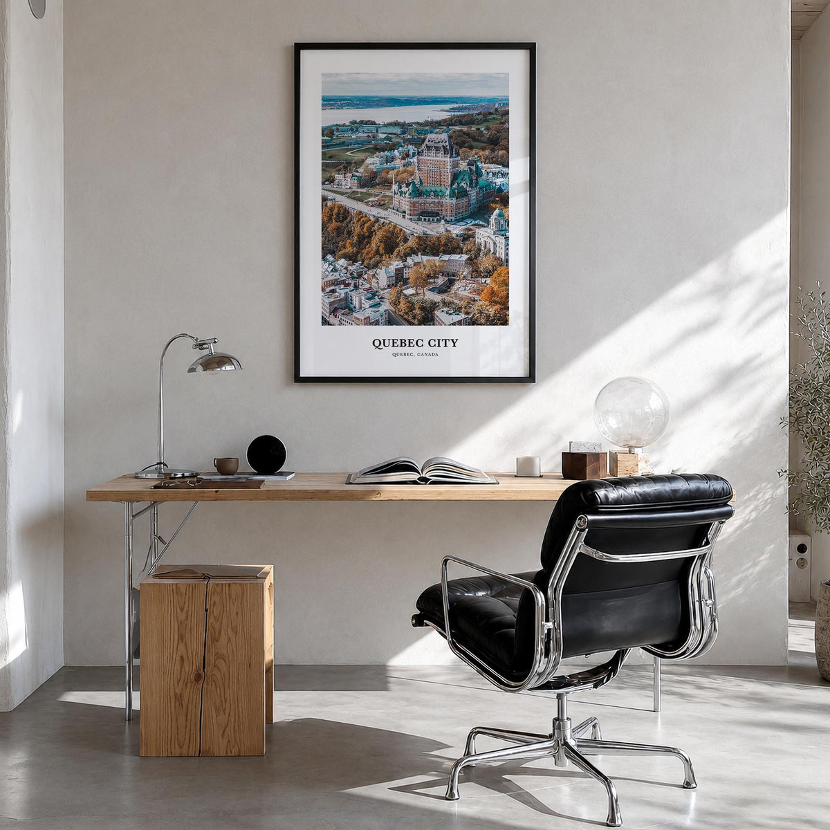 Quebec City colorful classic poster of Quebec, Canada – vertical wall art in black wood frame, hanging on wall