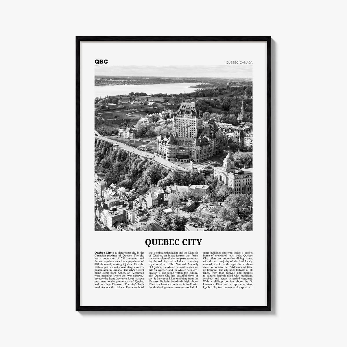 Quebec City no. 1 black & white newspaper poster of Quebec, Canada – vertical wall art, unframed print shown in interior mock