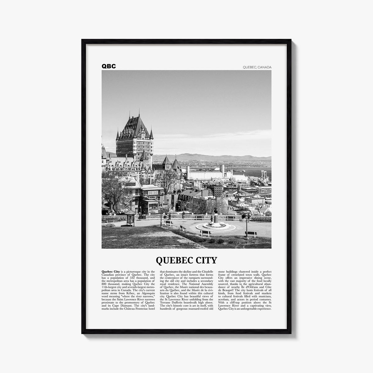 Quebec City no. 2 black & white newspaper poster of Quebec, Canada – vertical wall art, unframed print shown in interior mock