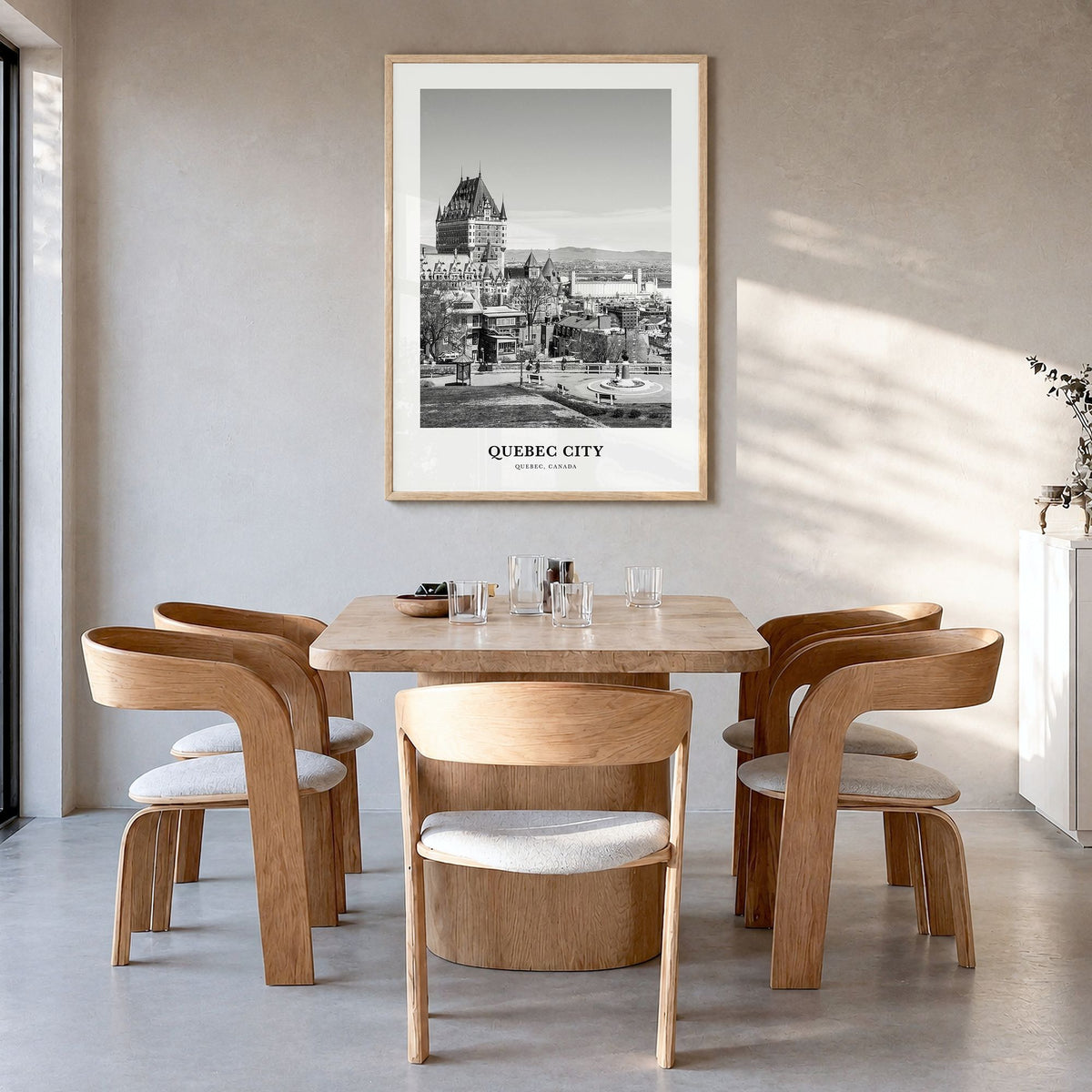 Quebec City Classic No 2 Poster in a natural wood frame, hanging in a dining room