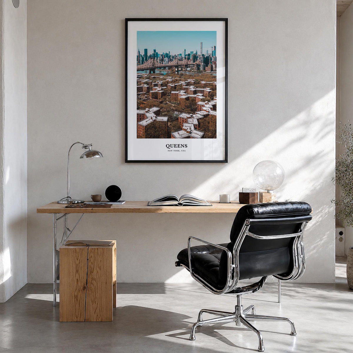 Queens, New York colorful classic poster of New York, USA – vertical wall art in black wood frame, hanging on wall