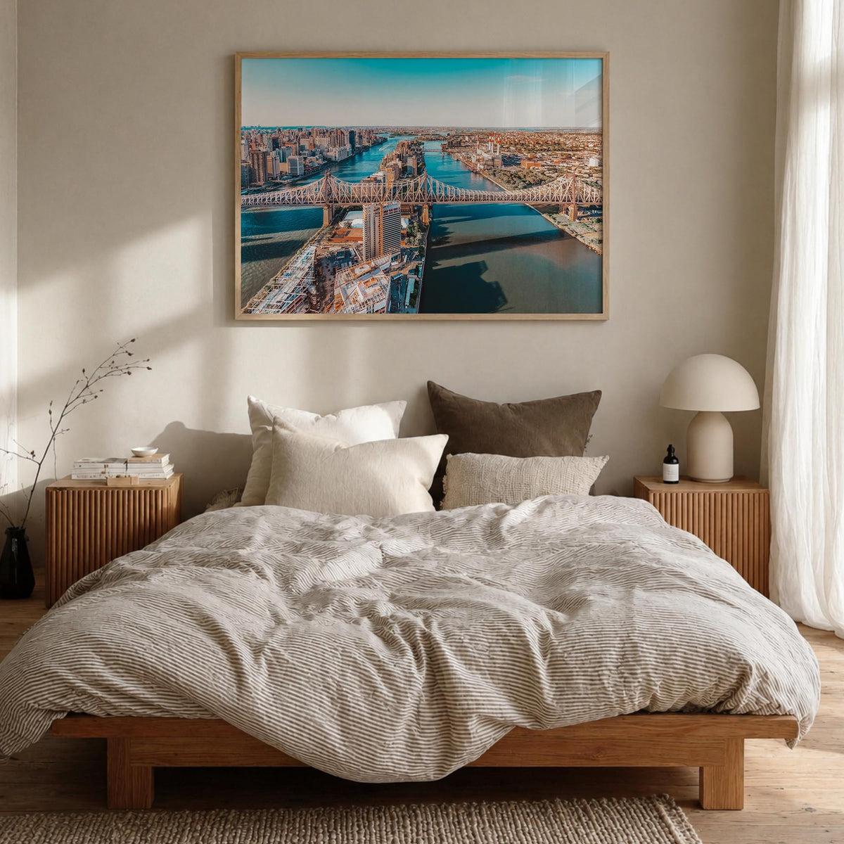 Queens, New York colorful photo poster of New York, USA – horizontal wall art in natural wood frame, hanging on wall