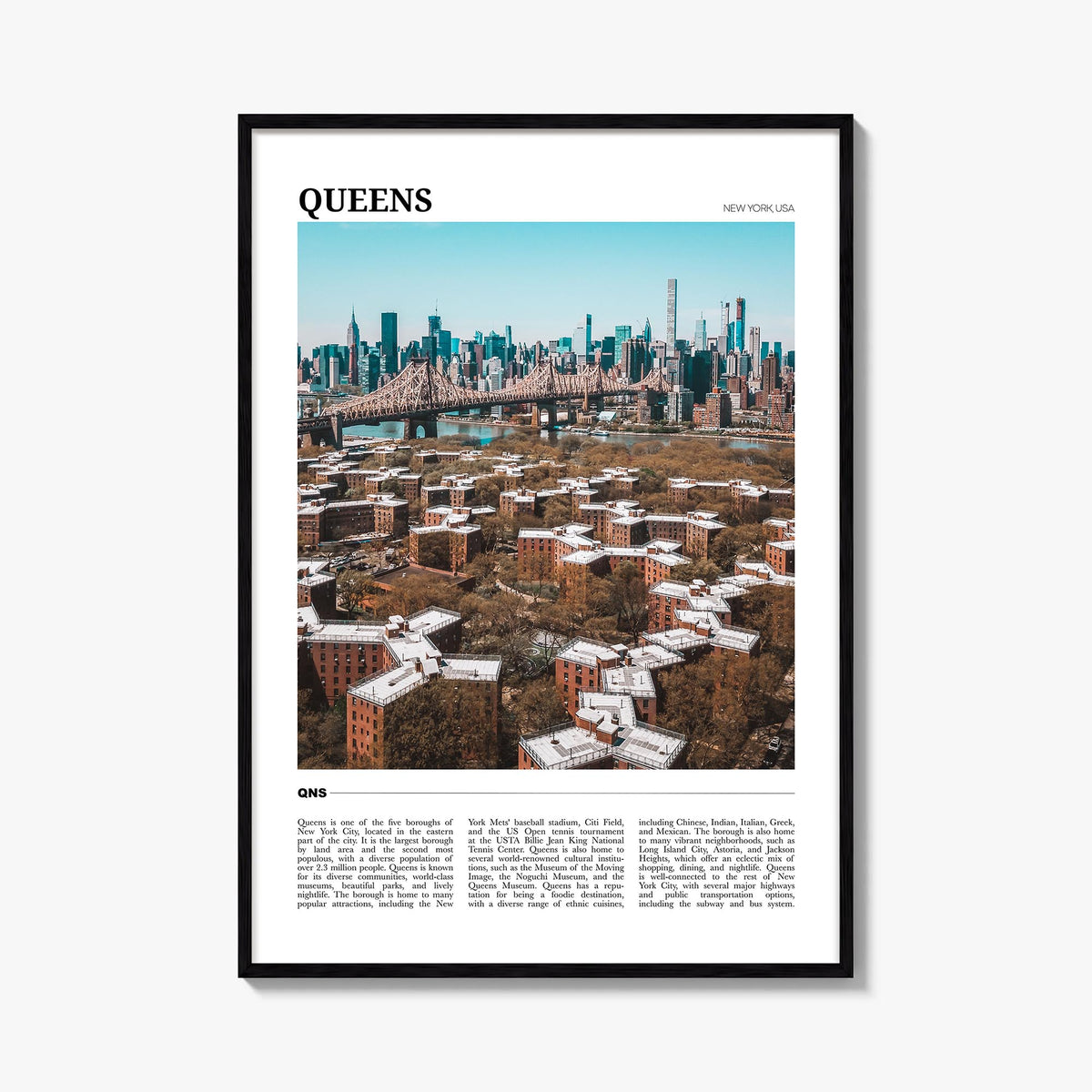 Queens, New York colorful travel poster of New York, USA – vertical wall art, unframed print shown in interior mockup