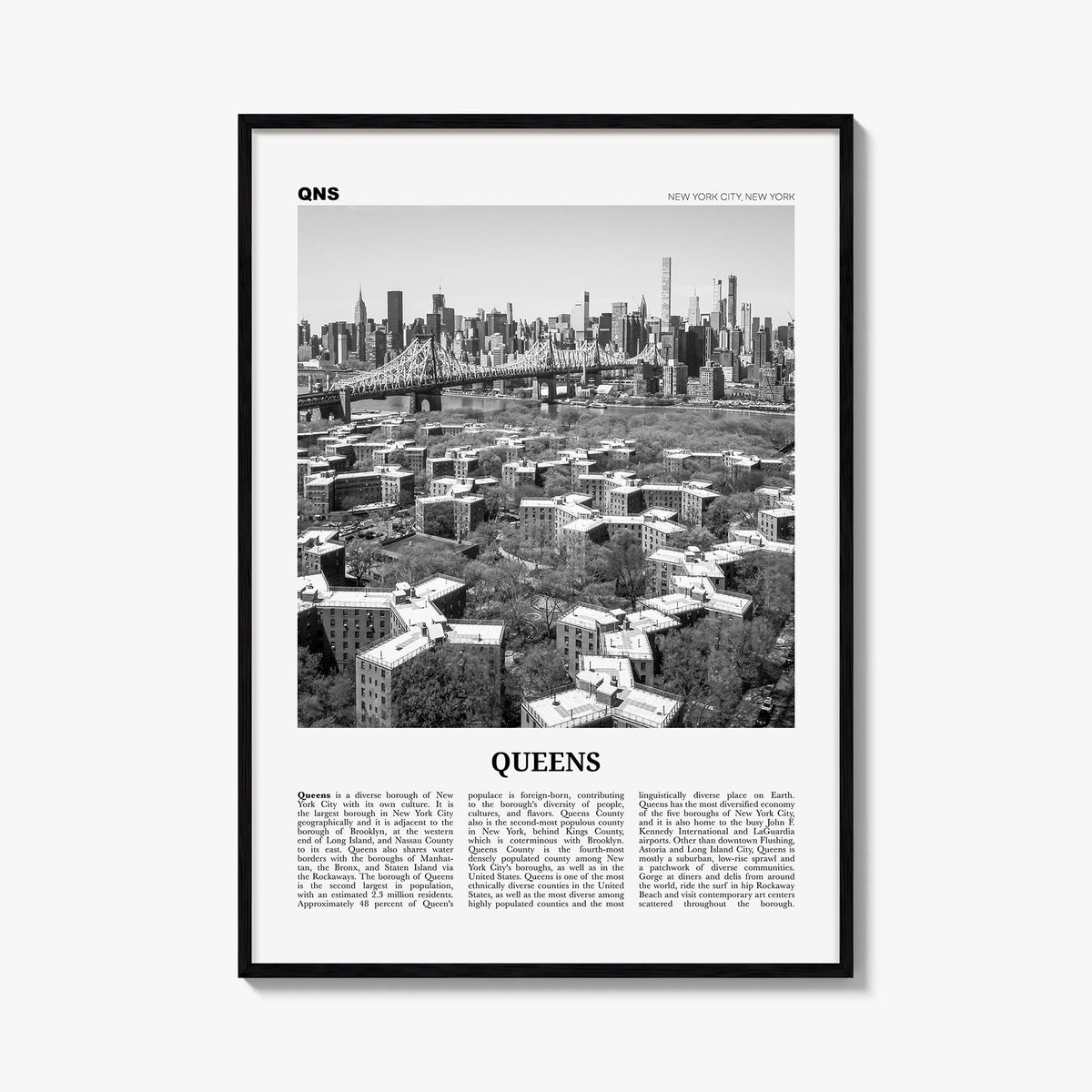 Queens, New York no. 1 black & white newspaper poster of New York, USA – vertical wall art, unframed print shown in interior