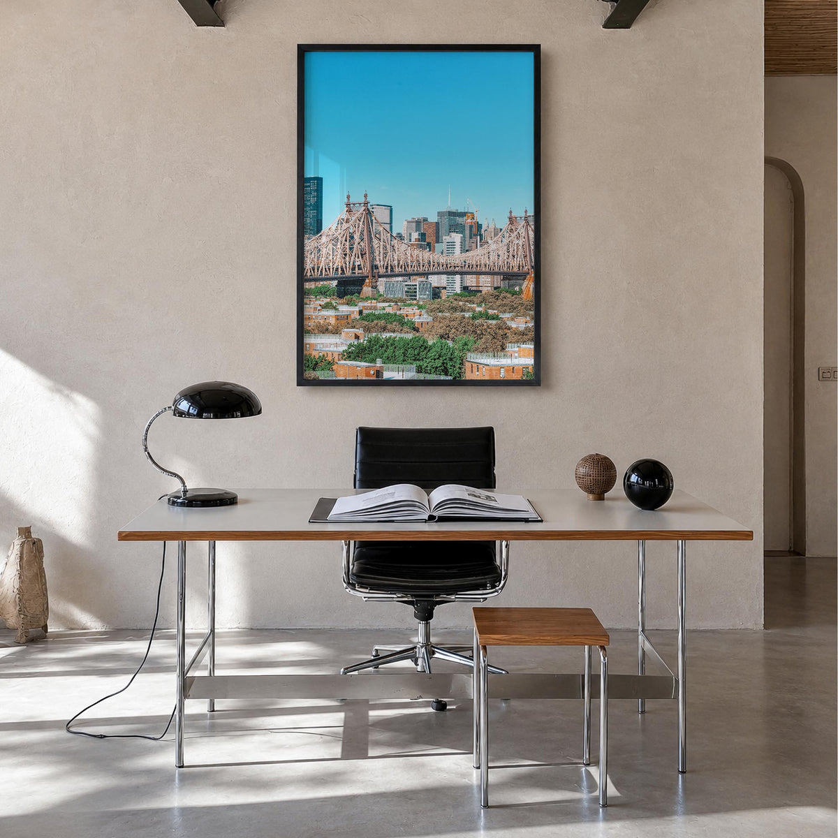 Queens, New York no. 1 colorful photo poster of New York, USA – vertical wall art in black wood frame, hanging on wall