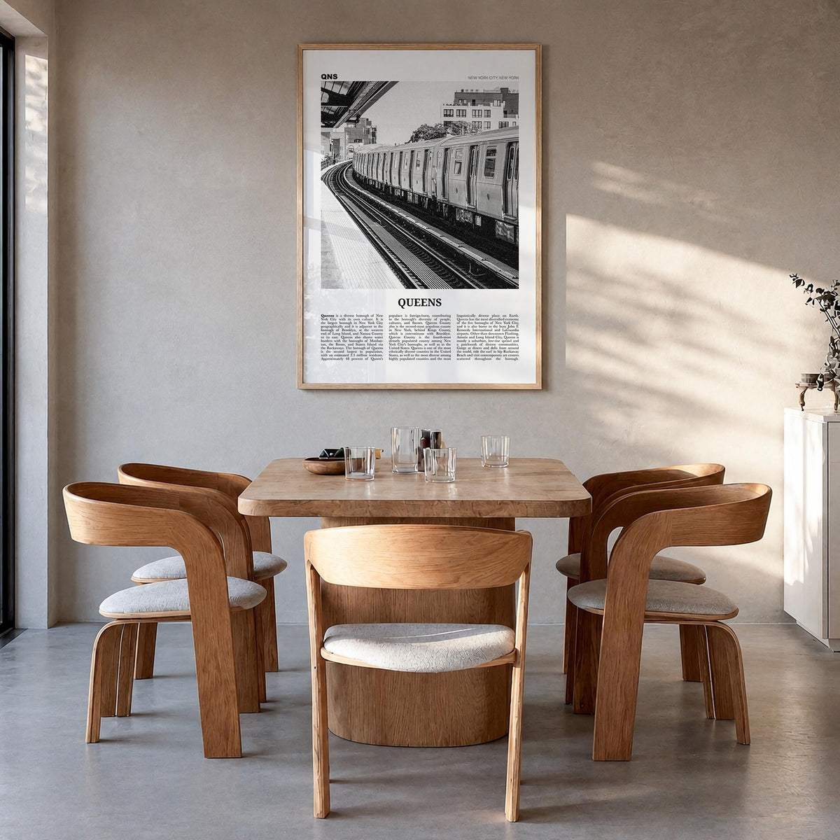 Queens, New York no. 3 black & white newspaper poster of New York, USA – vertical wall art in natural wood frame, hanging on