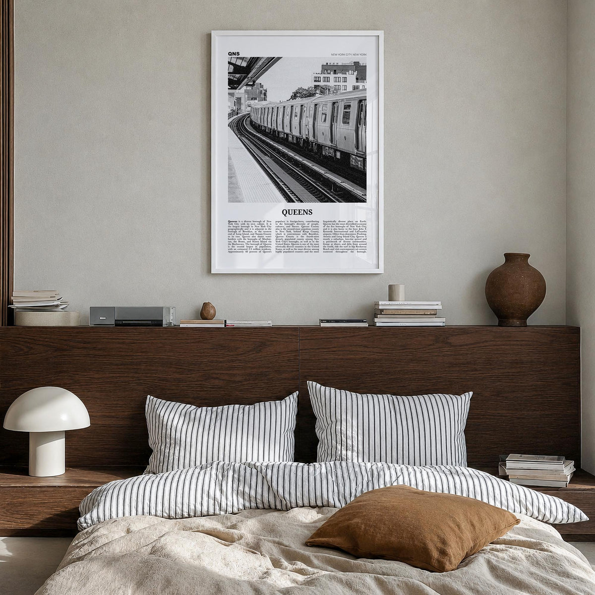 Queens, New York no. 3 black & white newspaper poster of New York, USA – vertical wall art in white wood frame, hanging on wa