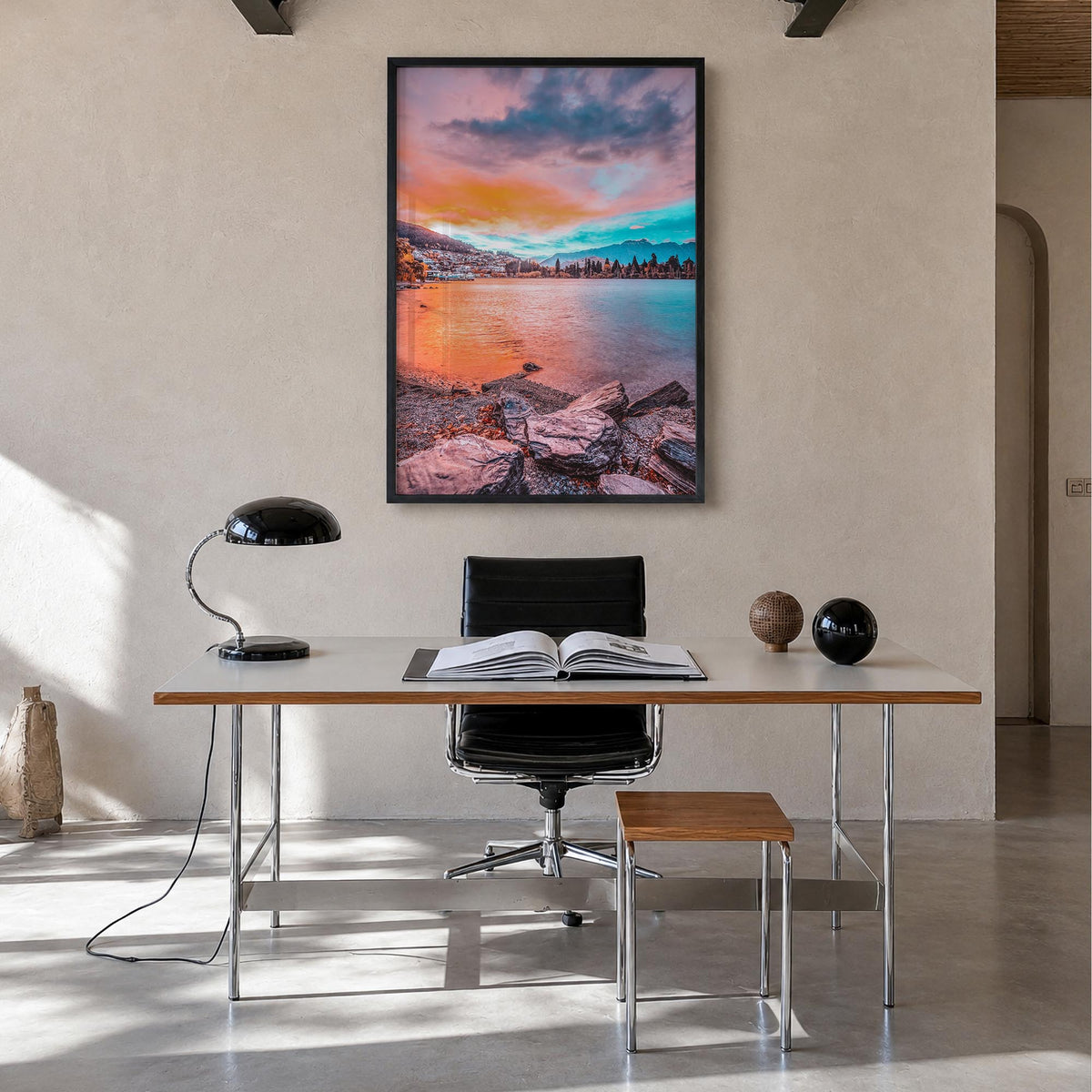 Queenstown colorful photo poster of New Zealand – vertical wall art in black wood frame, hanging on wall