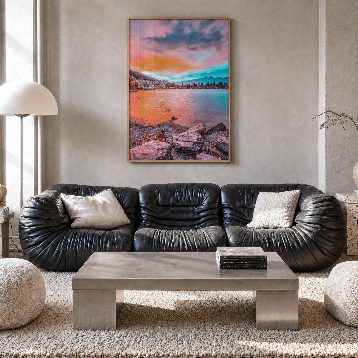 Queenstown colorful photo poster of New Zealand – vertical wall art in natural wood frame, hanging on wall