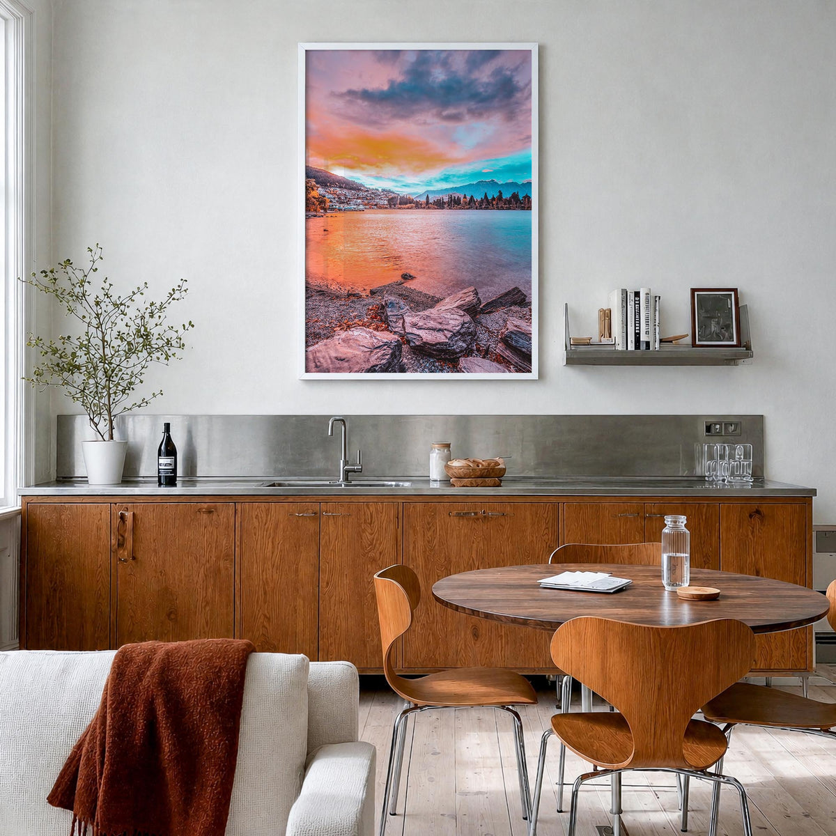 Queenstown colorful photo poster of New Zealand – vertical wall art in white wood frame, hanging on wall