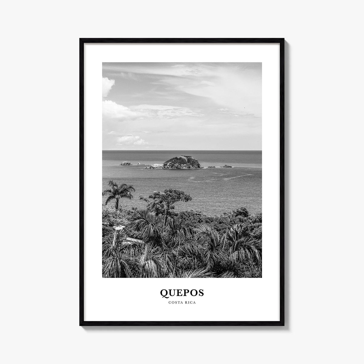 Quepos black & white classic poster of Costa Rica – vertical wall art, unframed print shown in interior mockup