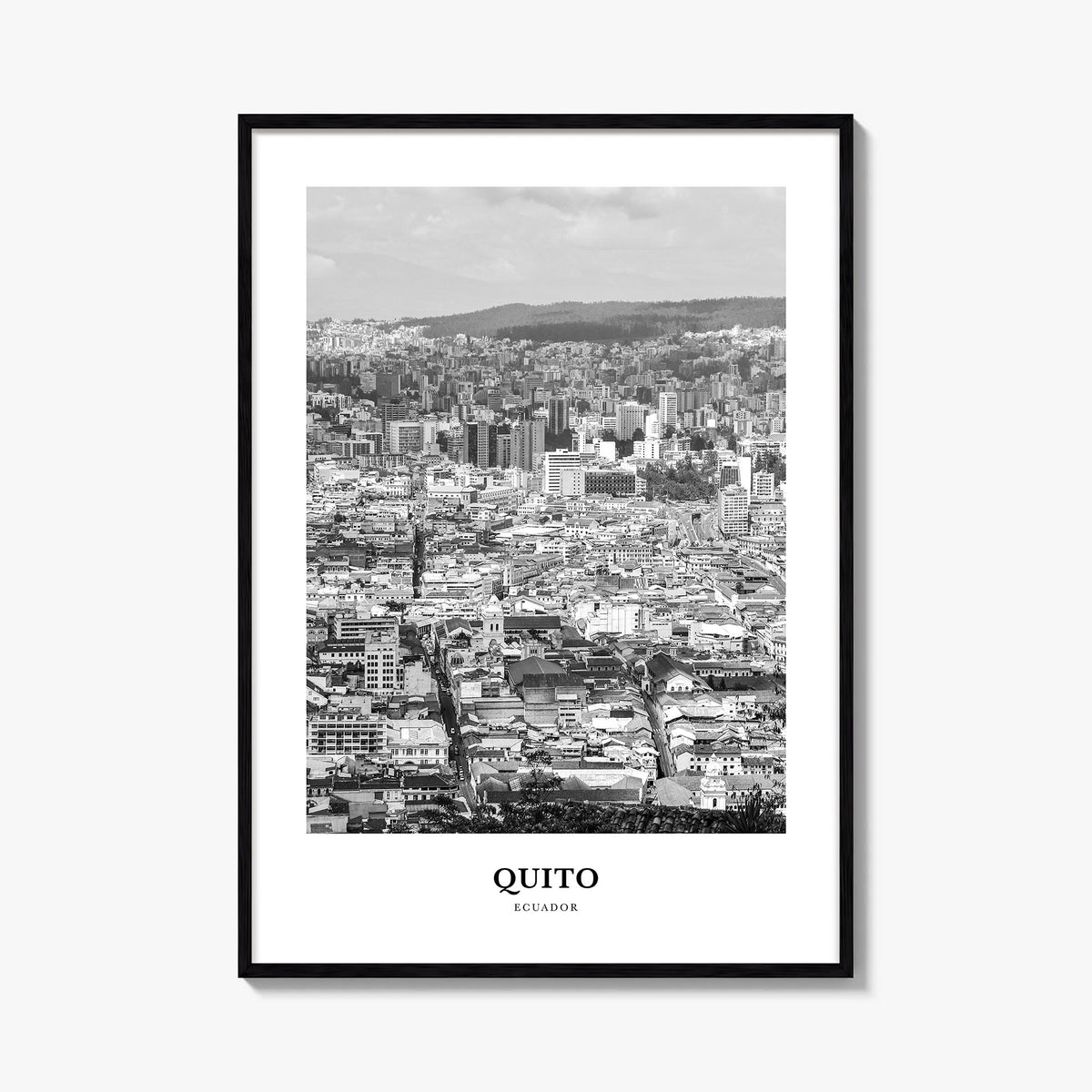 Quito black & white classic poster of Ecuador – vertical wall art, unframed print shown in interior mockup
