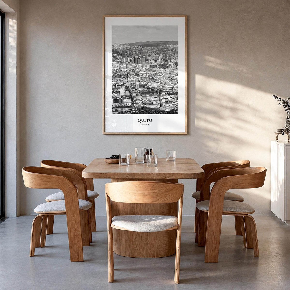 Quito black & white classic poster of Ecuador – vertical wall art in natural wood frame, hanging on wall