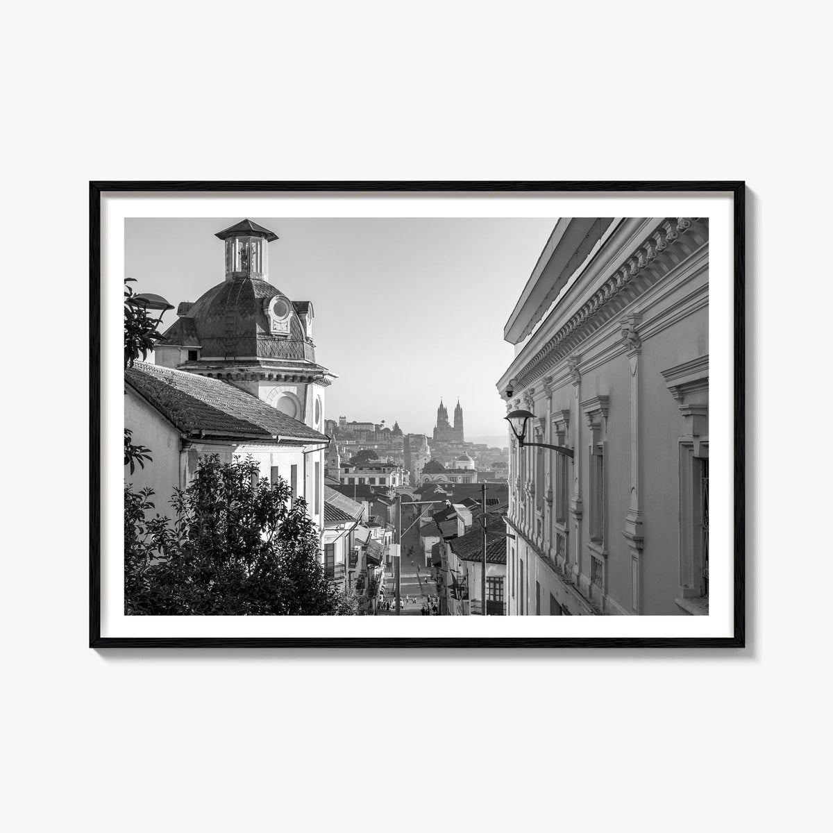 Quito black & white photo poster of Ecuador – horizontal wall art, unframed print shown in interior mockup