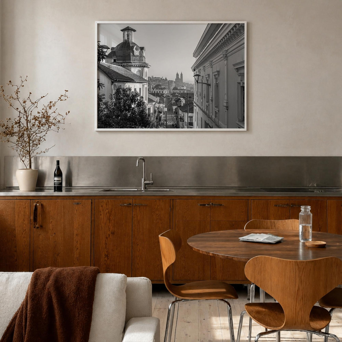 Quito black & white photo poster of Ecuador – horizontal wall art in white wood frame, hanging on wall