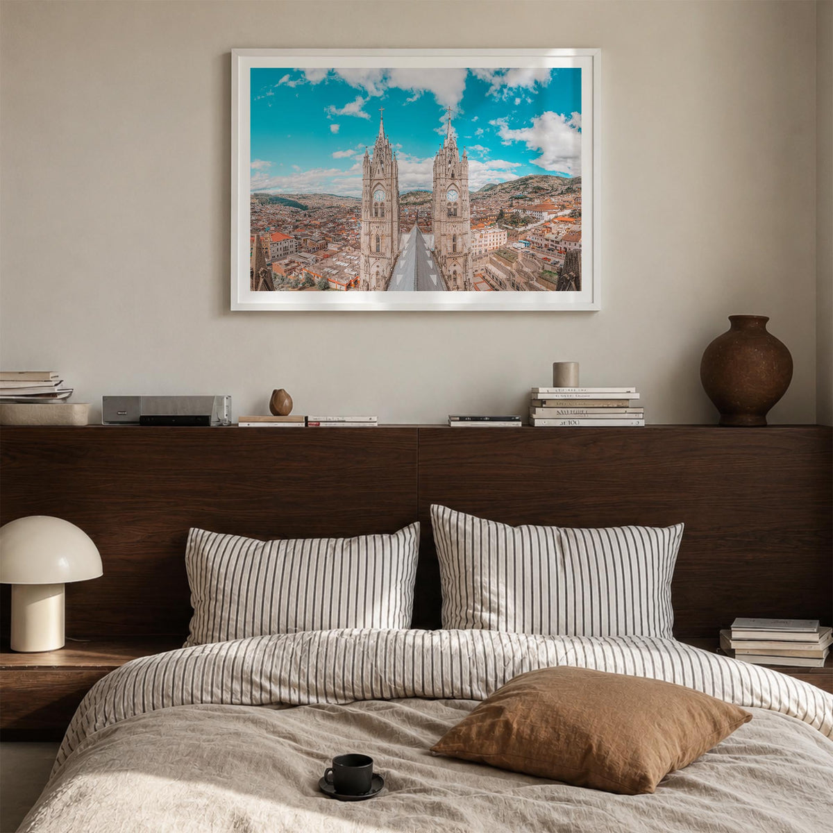 Quito colorful photo poster of Ecuador – horizontal wall art in white wood frame with white border, hanging on wall