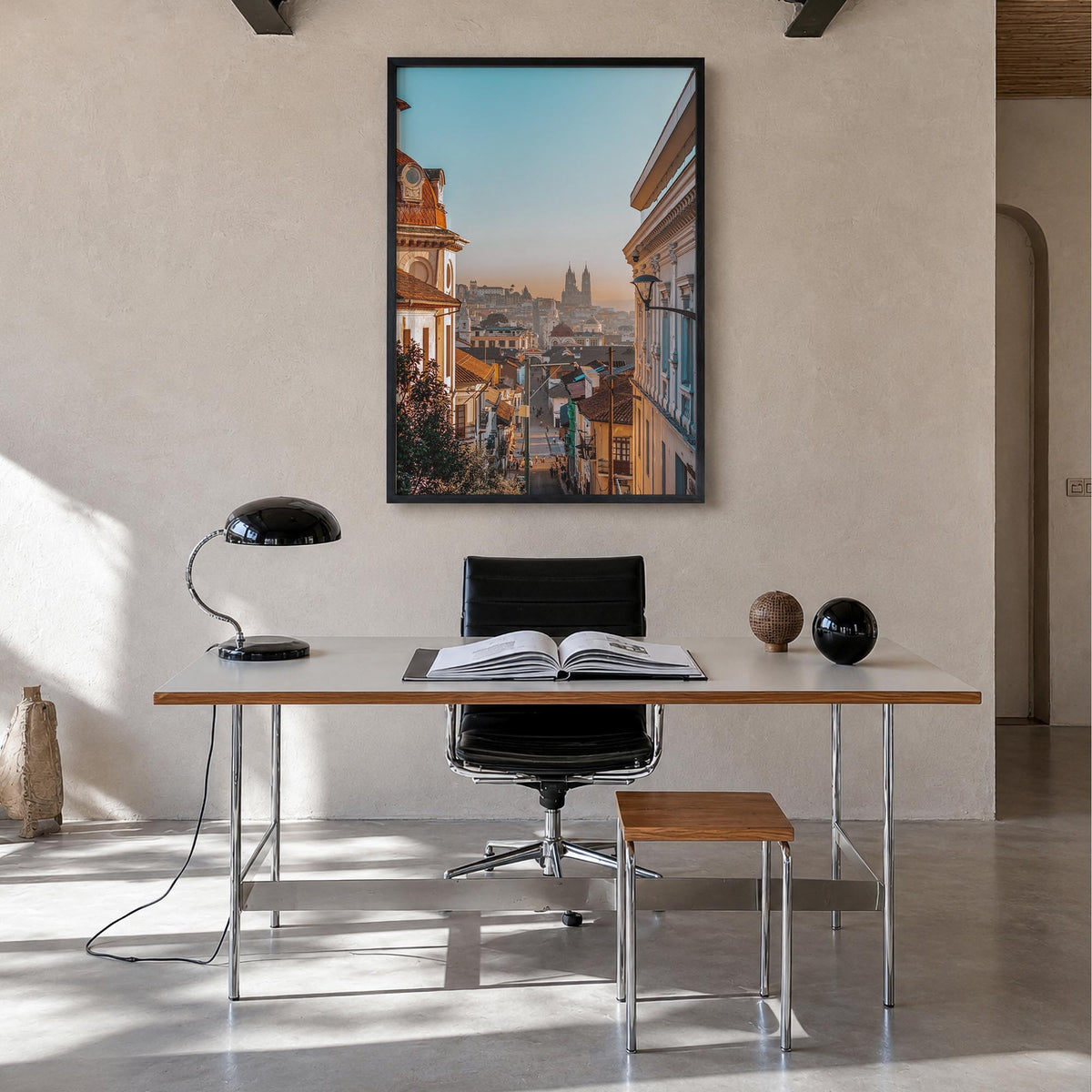 Quito no. 1 colorful photo poster of Ecuador – vertical wall art in black wood frame, hanging on wall